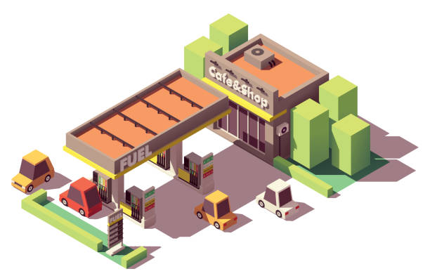 ilustrações de stock, clip art, desenhos animados e ícones de vector isometric gas station - isometric gas station transportation car