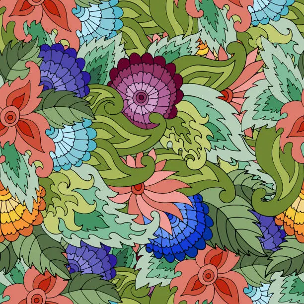 Vector illustration of Vector seamless texture with abstract flowers and leaves.