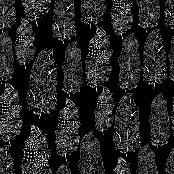 ilustrações de stock, clip art, desenhos animados e ícones de vector seamless texture with abstract feathers. endless background. boho seamless pattern. vector backdrop. monochrome pattern. summer template. use for wallpaper, web page background - peacock feather outline black and white