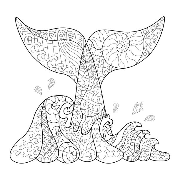 Hand drawn waves and whale tail Hand drawn  waves and whale tail for adult anti stress. Coloring page with high details isolated on white background. Made by trace from sketch. Ink pen. whale tale stock illustrations