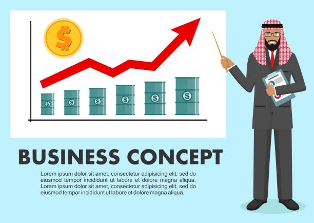 koncepcja biznesowa. arabski biznesmen w pobliżu tablicy i wskazując na wykres analityki finansowej. wykres z linii trendu rośnie i monety ze znakiem dolara. baryłki ropy naftowej. ilustracja wektorowa - graph arrow sign chart single line stock illustrations