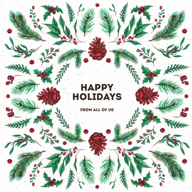 акварель и чернила рождественская поздравительная открытка - mistletoe christmas holly holiday stock illustrations