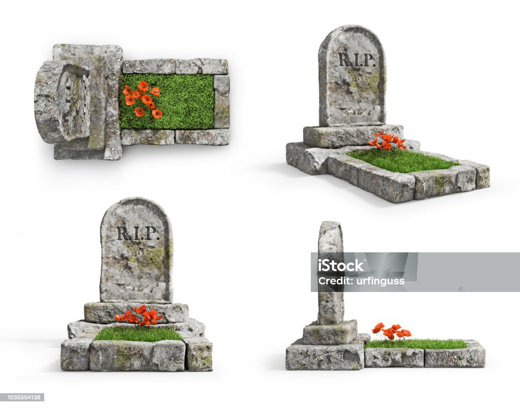 Set of stone grave with grass in different view isolated on a white background. 3d illustration Tombstone Stock Photo
