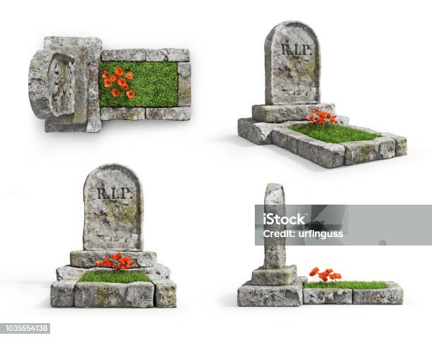 Set Of Stone Grave With Grass In Different View Isolated On A White Background 3d Illustration Stock Photo - Download Image Now