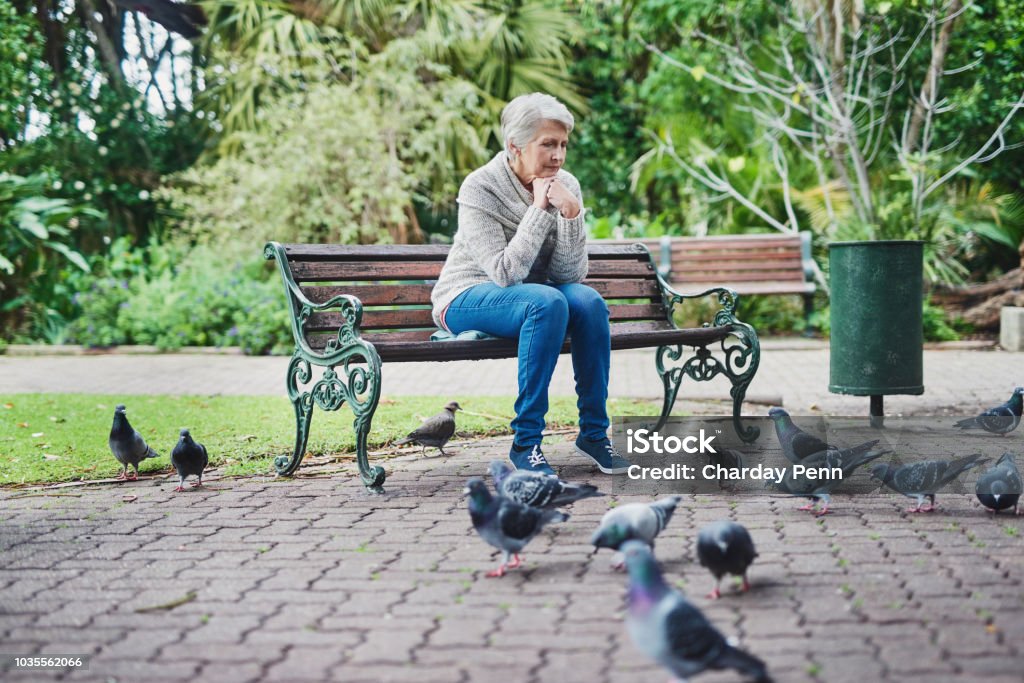 Loneliness can affect the quality of life Shot of a senior woman sitting on a park bench and looking thoughtful Senior Women Stock Photo