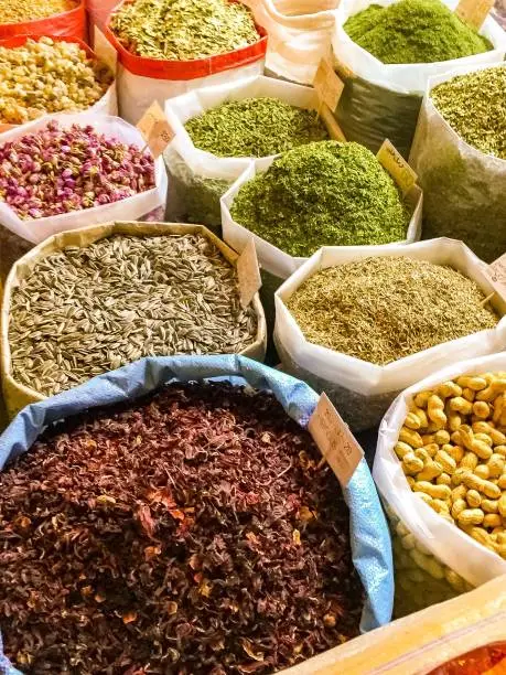 Assortment of herbs, spices, seeds and nuts being sold at Souq Waqif, a traditional marketplace in Doha.