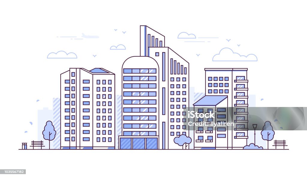 Городской пейзаж - современная тонкая линия дизайн стиль вектор иллюстрации - Векторная графика Большой город роялти-фри