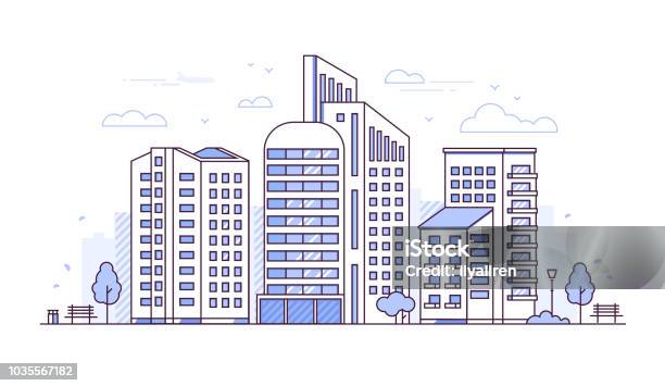 Urban Landscape Modern Thin Line Design Style Vector Illustration Stock Illustration - Download Image Now