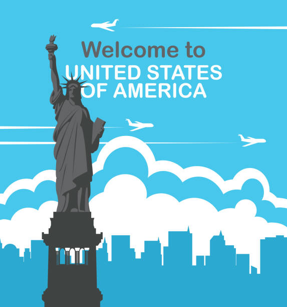 ilustraciones, imágenes clip art, dibujos animados e iconos de stock de banner con la estatua de la libertad y el vuelos aviones - statue manhattan monument flaming torch