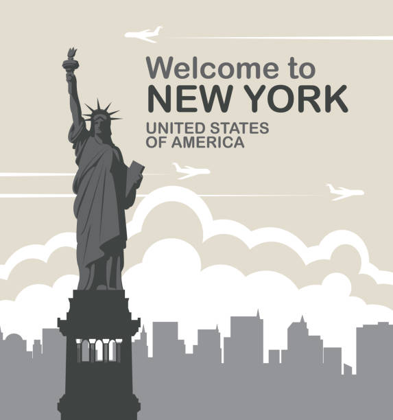 ilustrações, clipart, desenhos animados e ícones de banner com a estátua da liberdade e aviões voando - statue manhattan monument flaming torch