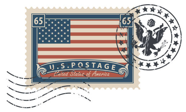 Postage stamp with inscriptions and image of the American flag. Vector illustration of USA stamp with a scratched print.
