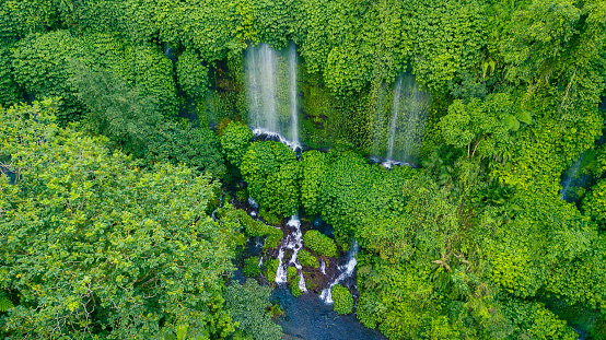 Beautiful scenery of Benang Kelambu waterfall in the tropical forest in Lombok, Indonesia