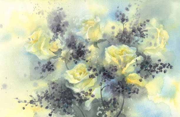 istock A bouquet of white roses with black berries watercolor background. 1035600134