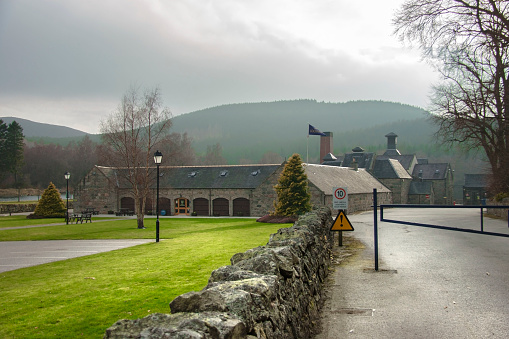 Crathie, Ballater, Aberdeenshire, Scotland, UK. 
Royal Lochnagar distillery is a single malt Scotch whisky distillery based on the Abergeldie Estate on Royal Deeside, in the Highland whisky producing area of Scotland. It close to the mountain Lochnagar.