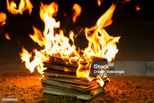 Stack Of Books Burning Stock Photo - Download Image Now - Book, Book Burning, Burning