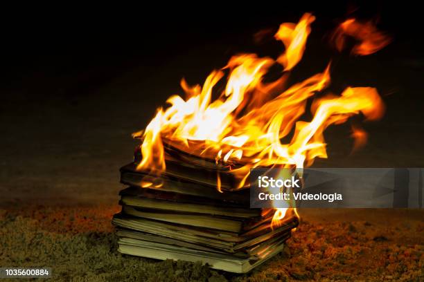Stack Of Books Burning Stock Photo - Download Image Now - Book Burning, Book, Fire - Natural Phenomenon