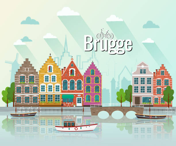 ilustraciones, imágenes clip art, dibujos animados e iconos de stock de ilustración de vector de brujas. antigua ciudad europea. - belgium bruges windmill europe