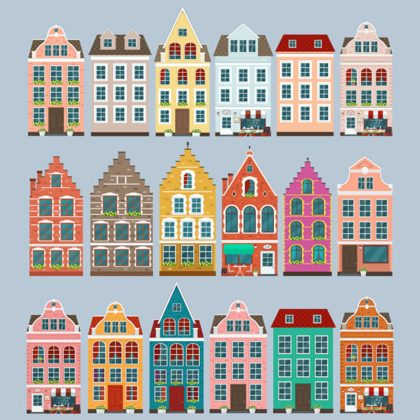 illustrazioni stock, clip art, cartoni animati e icone di tendenza di set di vecchie case colorate europee - 3692