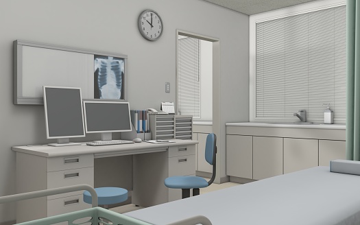Computer generated 3D illustration with a medical consultation room