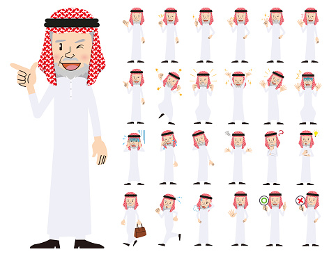 It is a character set of an arabian man. There are basic emotional expression and pose. It's vector art so it's easy to edit.