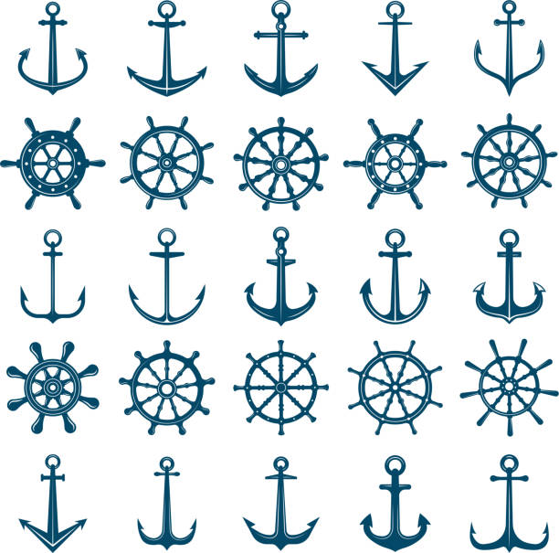 Wheels ship anchors icon. Steering wheels boat and ship anchors marine and navy symbols. Vector silhouettes for logo designs or tattoo Wheels ship anchors icon. Steering wheels boat and ship anchors marine and navy symbols. Vector silhouettes for logo designs or tattoo. Anchor and wheel for ship or boat, navy travel illustration vintage steering wheel stock illustrations