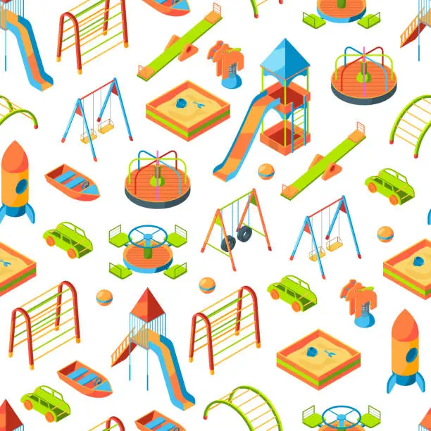 Vector illustration of Vector isometric playground objects background or pattern illustration