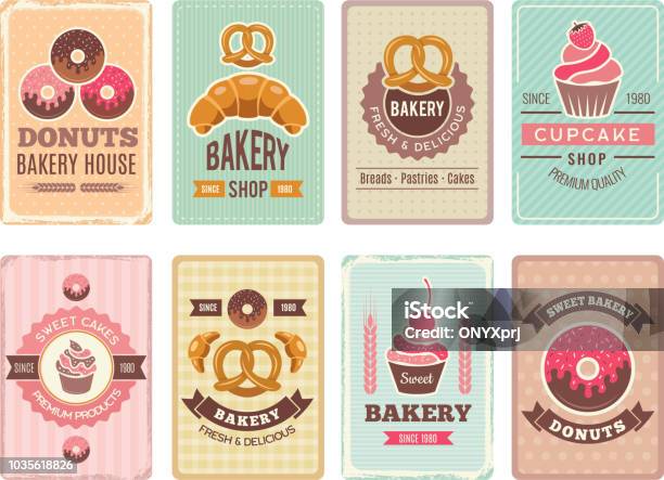 Bakery Cards Design Fresh Sweet Foods Cupcakes Donuts And Other Baking Products Illustrations For Vintage Vector Menu In Retro Style Stock Illustration - Download Image Now