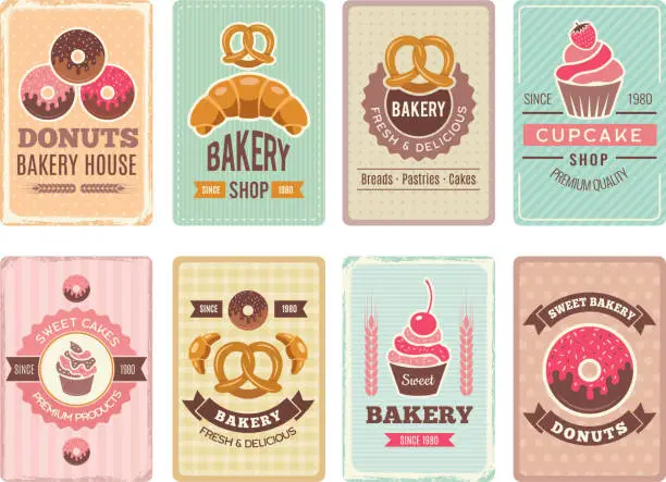 Vector illustration of Bakery cards design. Fresh sweet foods cupcakes donuts and other baking products illustrations for vintage vector menu in retro style