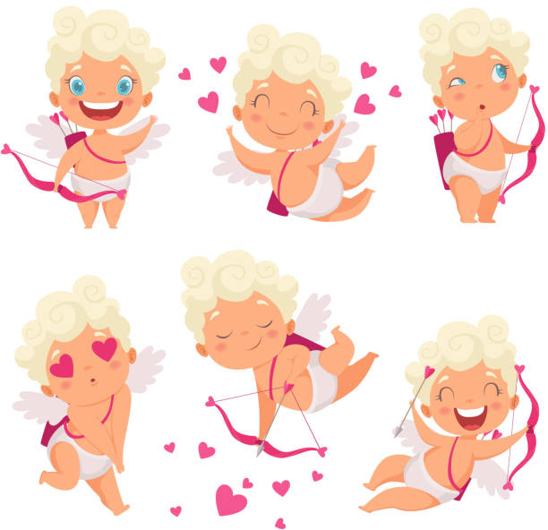 Cupid angels characters. Amur hunter baby eros greece romantic cute children with bow vector mascot poses Cupid angels characters. Amur hunter baby eros greece romantic cute children with bow vector mascot poses. Angel love valentine, cherub character with bow and arrow illustration cupid stock illustrations