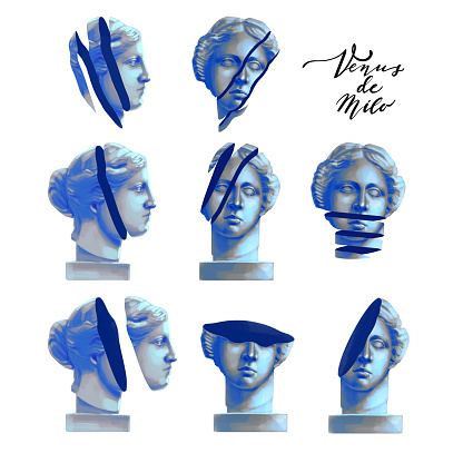 Conceptual collection of Venus de Milo statue with cut skin. Digitally painted design in gouache technique