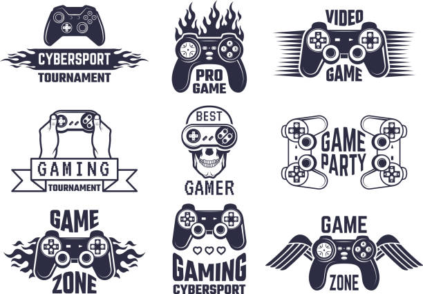 gaming-zeichensatz. videospiele und cyber sport etiketten - joystick stock-grafiken, -clipart, -cartoons und -symbole