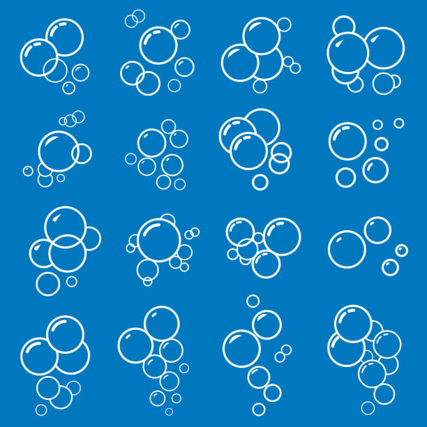 ilustrações de stock, clip art, desenhos animados e ícones de bubbles white thin line icon set on a blue background. vector - sphere water drop symbol