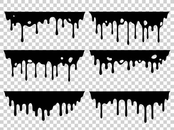 ilustrações, clipart, desenhos animados e ícones de mancha de óleo pingando. tinta líquida, gotejamento de tinta e gota de manchas de pingos. resina preta com tinta gotas isoladas vetor silhueta conjunto - paint drops