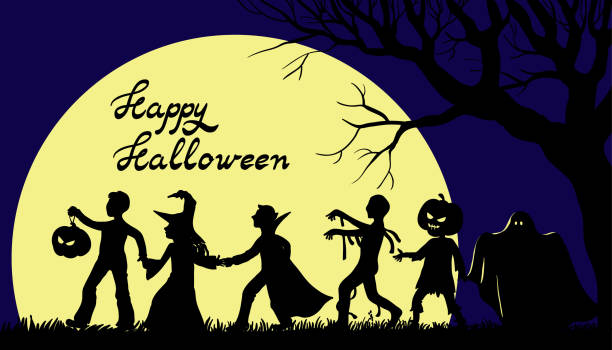 abbildung von happy halloween mit kindern in kostümen der urlaub zeichen - parade stock-grafiken, -clipart, -cartoons und -symbole