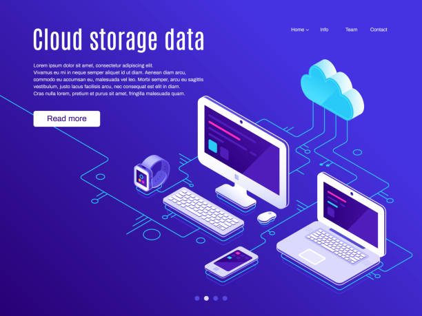 Cloud storage landing page. Synchronization clouds storages and devices, data backup and synchronize apps vector illustration Cloud storage landing page. Synchronization clouds storages app and devices host, business data backup blue pc desktop and synchronize apps phone network storage concept vector illustration synchronize stock illustrations