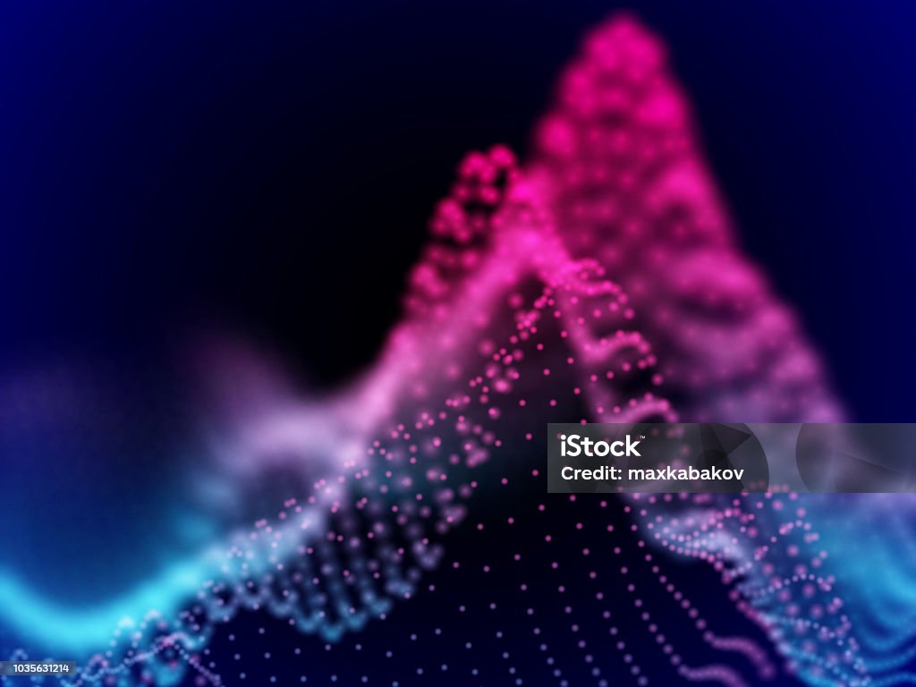 Digital landscape with flowing dots. 3D particle sound waves Digital landscape with flowing dots. 3D particle sound waves. Big data abstract visualization: business charts analytics. Digital data transfer background. Blue sound waves, EPS 10 vector illustration Sound Wave stock vector