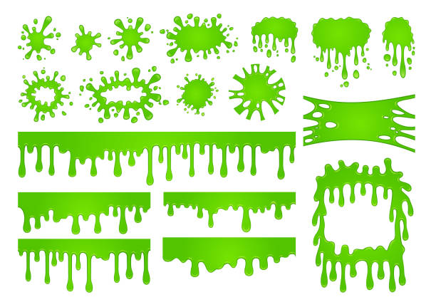 illustrazioni stock, clip art, cartoni animati e icone di tendenza di melma liquida dei cartoni animati. gocce di vernice goo verde, bordo spettrale e spaventoso set vettoriale di macchie di halloween - monster set pattern green