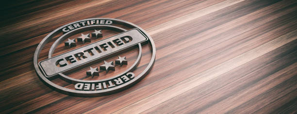 round metal sign with text cerified on wooden background, banner, copy space. 3d illustration - dirty pass imagens e fotografias de stock