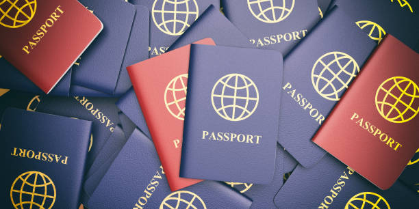 istock Blue and red passports background. 3d illustration 1035631962
