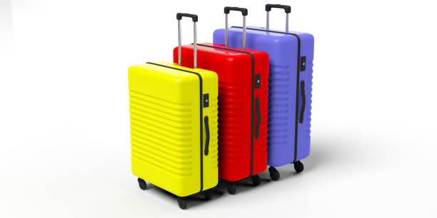 istock Three bright colors and various sizes suitcases isolated on white background. 3d illustration 1035632158