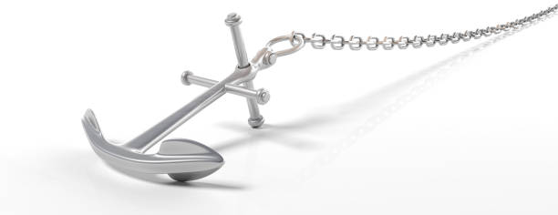 istock Metal shiny ship anchor with chain isolated on white background, banner, copy space. 3d illustration 1035632216