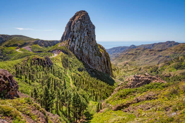 View of Roque de Agando and Valley of Benchijigua - Garajonay National Park on Canary Islands La Gomera - Spain Roque de Agando (commonly called Roque Agando) is a prominent rock formation on the island of La Gomera in the Canary Islands. It is one of La Gomera's most striking features and is frequently used as a symbol for the island. high country stock pictures, royalty-free photos & images