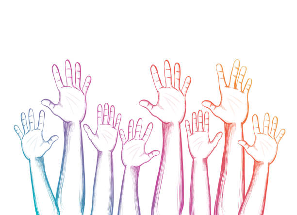 illustrazioni stock, clip art, cartoni animati e icone di tendenza di mani delle persone - human hand hand raised volunteer arms raised