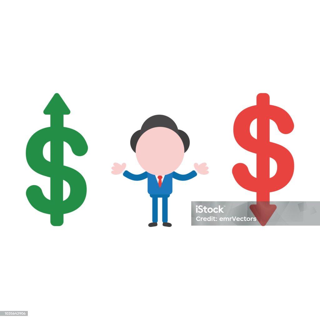 Vector illustration businessman character between dollar money symbols, moving up and down Vector illustration businessman mascot character between dollar money symbols, moving up and down. Bankruptcy stock vector