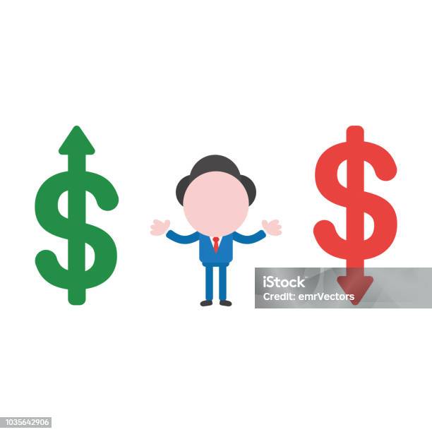 Vector Illustration Businessman Character Between Dollar Money Symbols Moving Up And Down Stock Illustration - Download Image Now