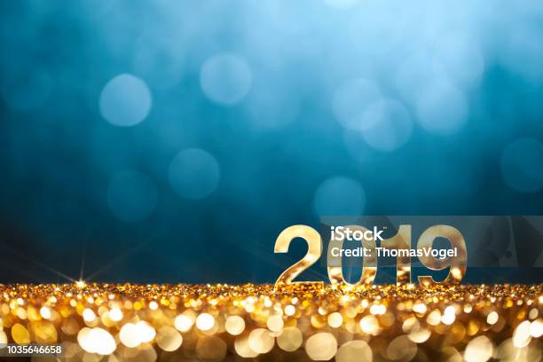 New Year Christmas Decoration 2019 Gold Blue Party Celebration Stock Photo - Download Image Now