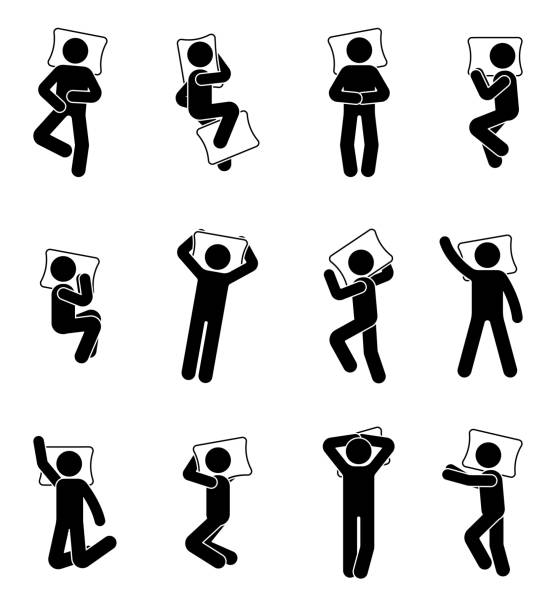 Stick figure man sleeping icon set. Deferent positions single male in bed pictogram Stick figure man sleeping icon set. Deferent positions single male in bed pictogram position stock illustrations