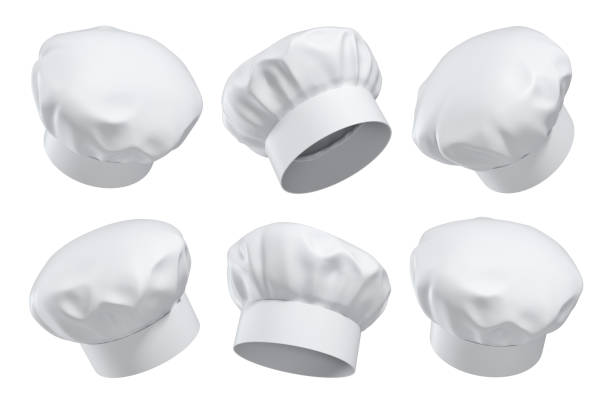 3d rendering of six white chef's hats isolated on a white background in different angles.