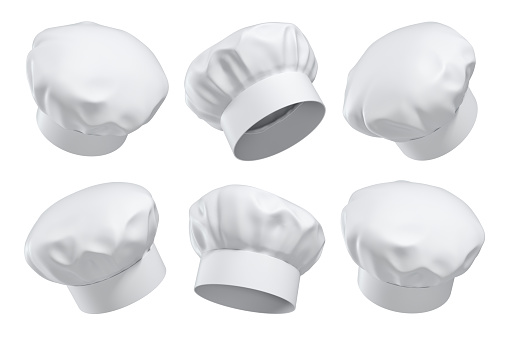 3d rendering of six white chef's hats isolated on a white background in different angles. Master chef. Restaurant cook. Kitchen headgear.