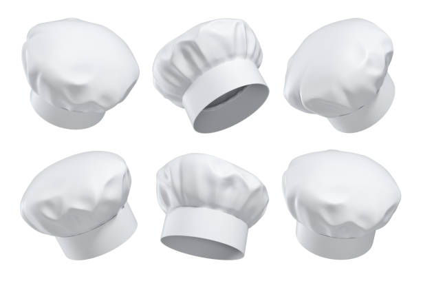 3d rendering of six white chef's hats isolated on a white background in different angles. 3d rendering of six white chef's hats isolated on a white background in different angles. Master chef. Restaurant cook. Kitchen headgear. chefs hat stock pictures, royalty-free photos & images
